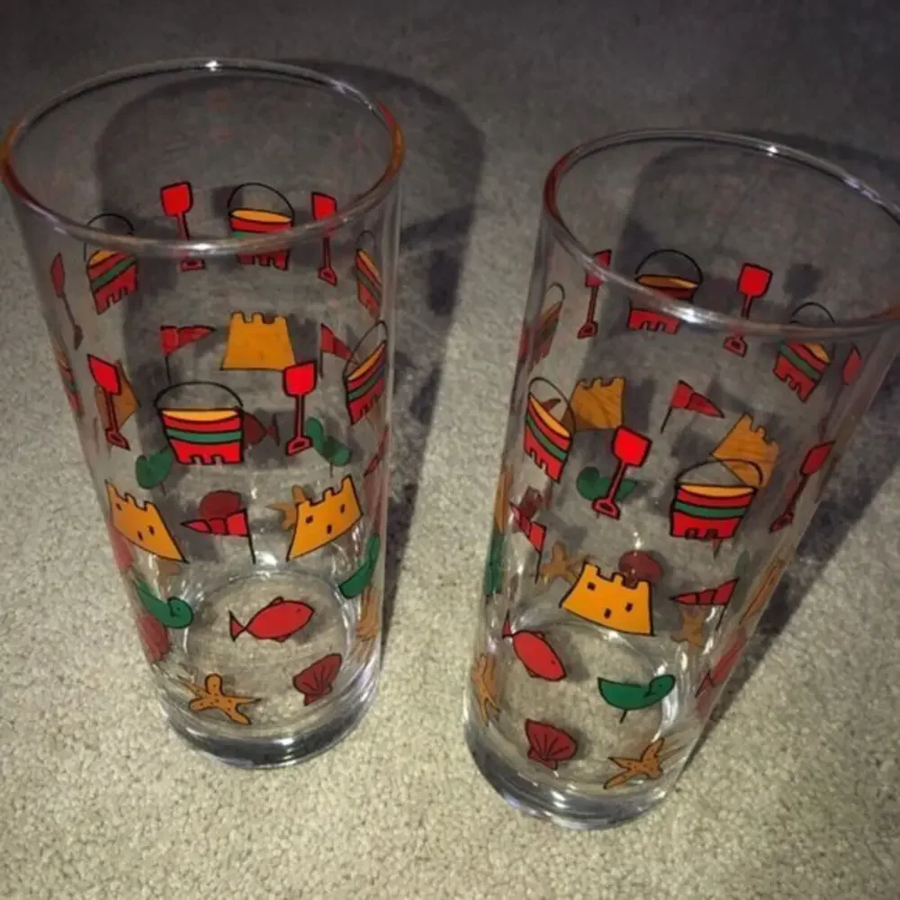 Vintage‎ Sandcastle Bucket Bird Fish HIGHBALL GLASSES (2) OCEAN BARWARE
